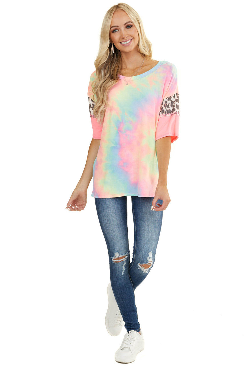 Neon Tie Dye Top with Leopard Print and Colorblock Sleeves 