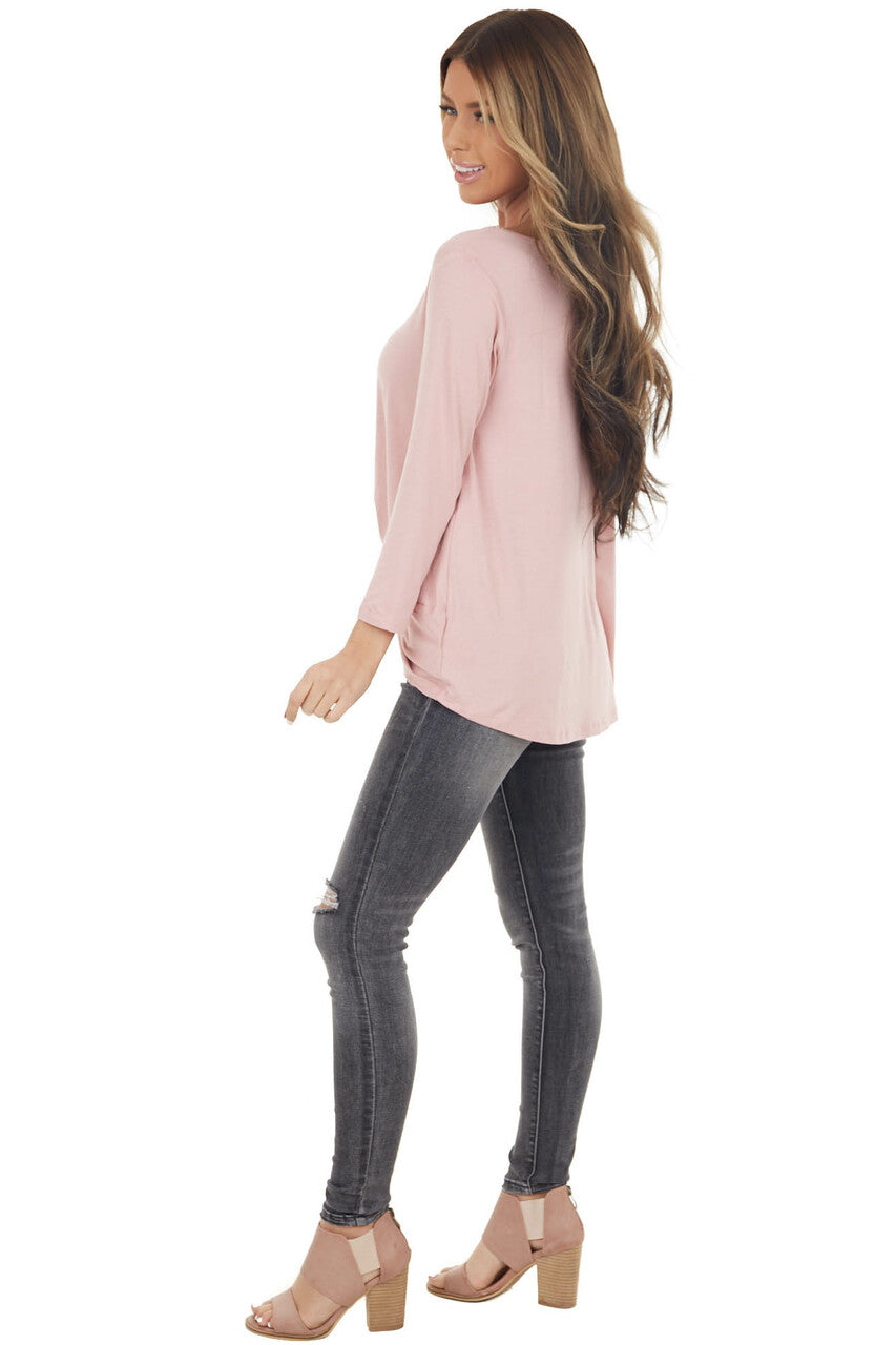 Dusty Blush 3/4 Sleeve Top with Caged Neckline Detail