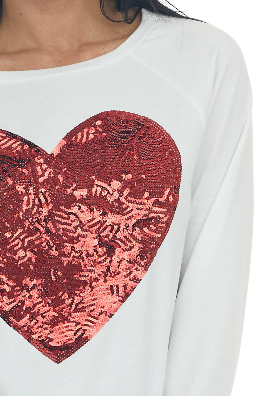 Ivory Long Sleeve Knit Top with Red Sequin Heart 