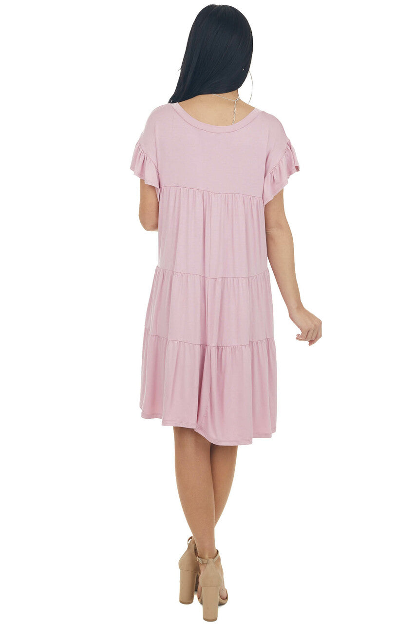 Carnation Pink Flutter Sleeve Tiered Dress