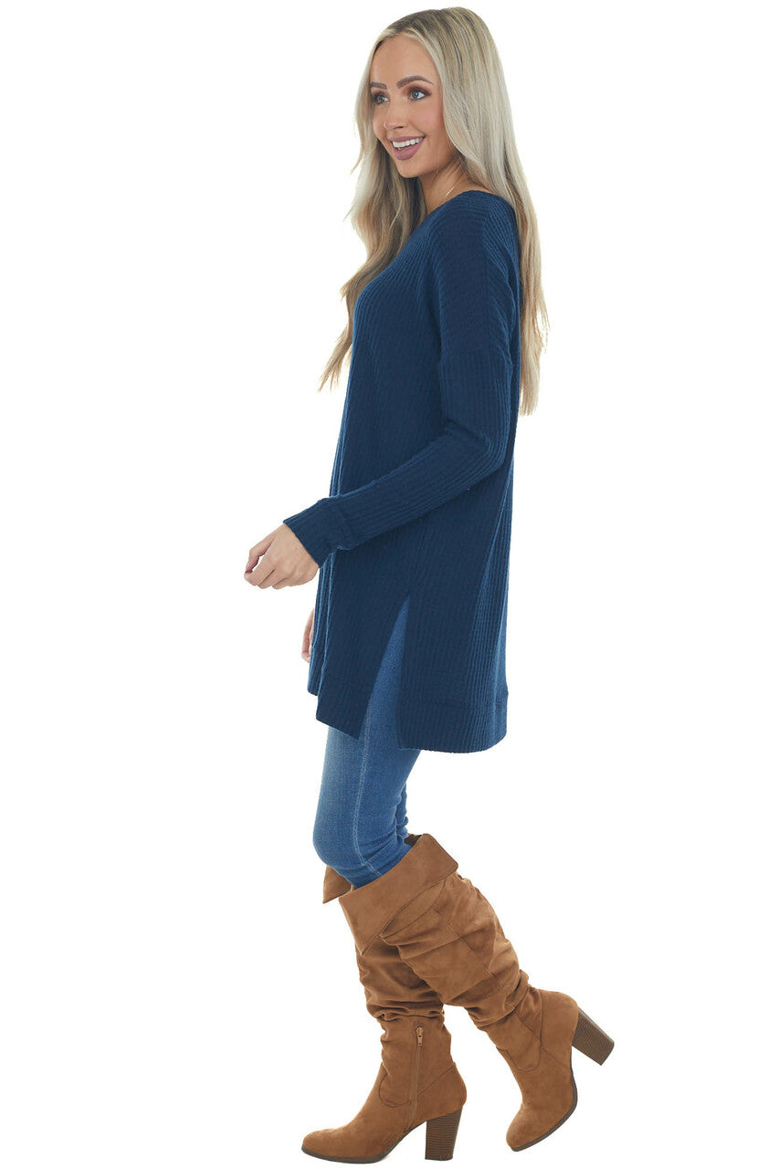 Navy Blue Tunic Length Brushed Waffle Knit Top