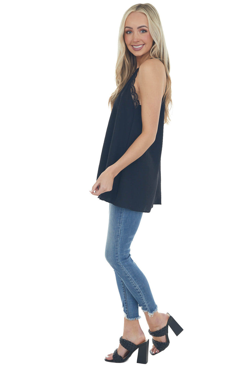 Black V Neck Lace Trim Racerback Camisole