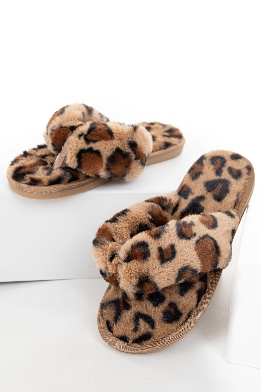 Beige Leopard Print Super Soft Fuzzy Slipper Sandals