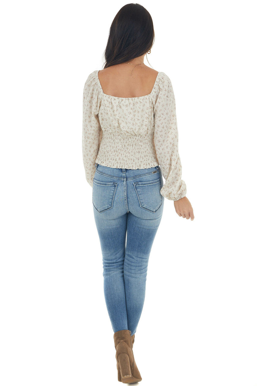 Ivory Floral Smocked Waist Peasant Cropped Top