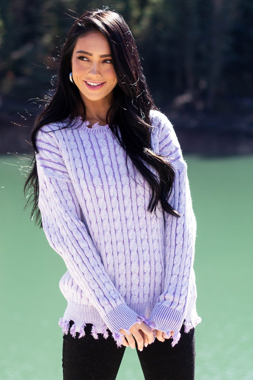 Lilac Cable Knit Distressed Trim Sweater