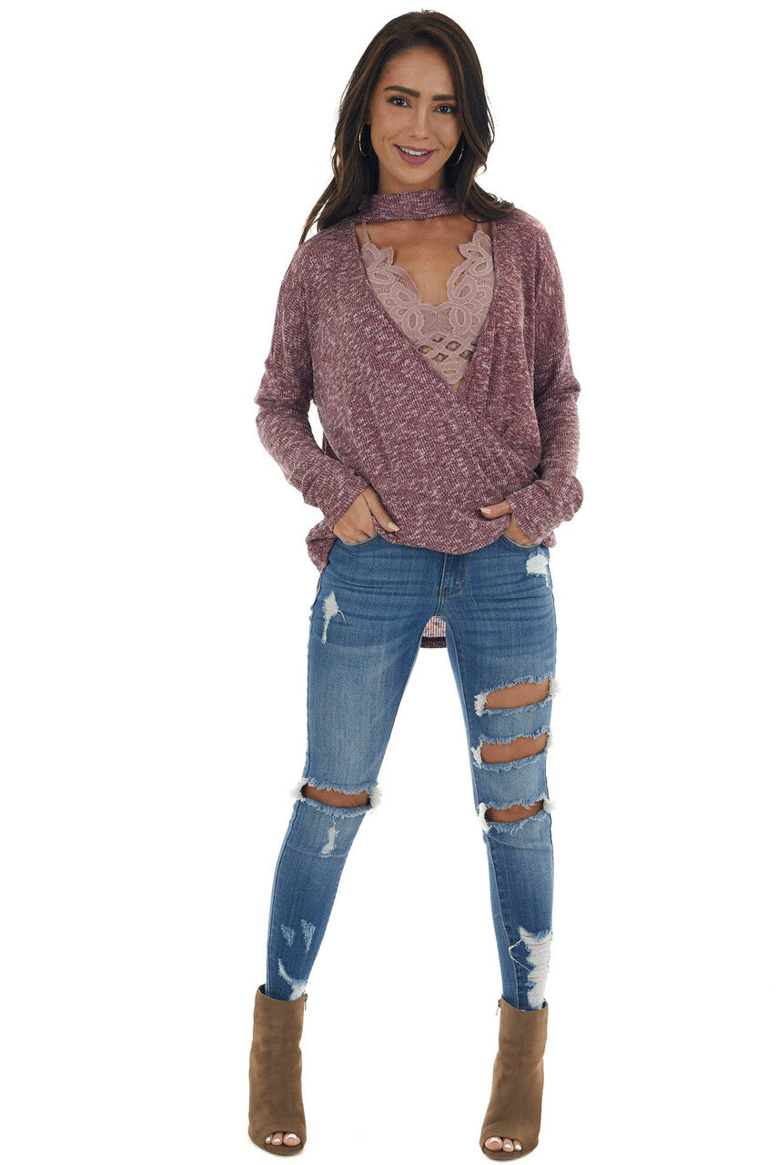 Burgundy and White Surplice Knit Top with Choker Neckline 