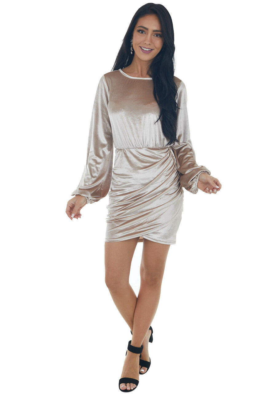 Latte Velvet Mini Dress with Surplice Back and Tie Detail 