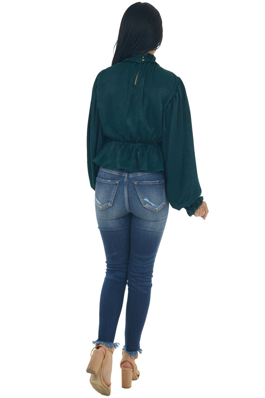 Pine Satin Mock Neck Puff Sleeve Peplum Top