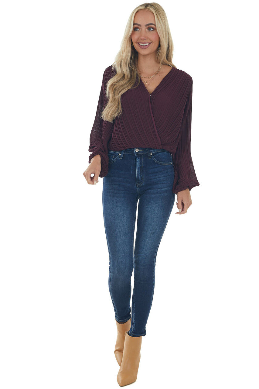 Plum Surplice Long Sleeve Pleated Blouse