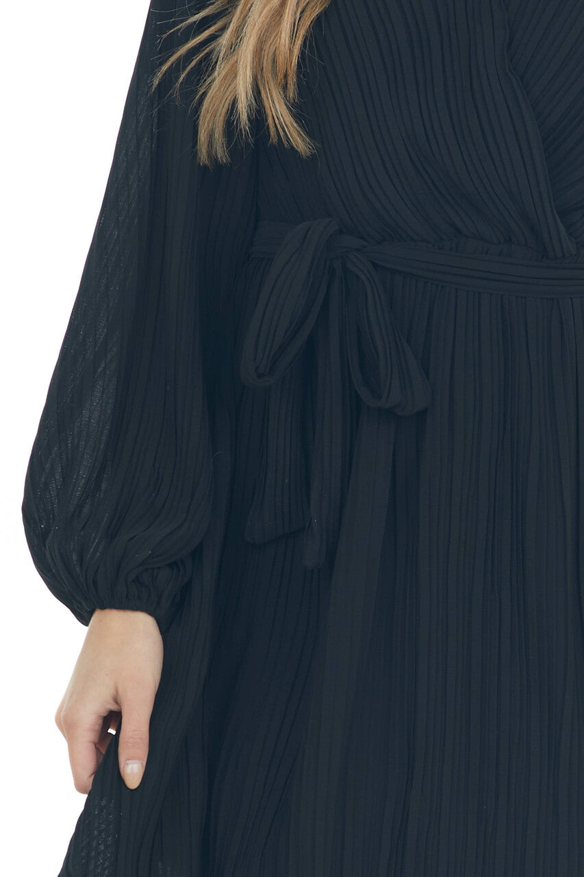 Black Pleated Surplice Neck Waist Tie Dress