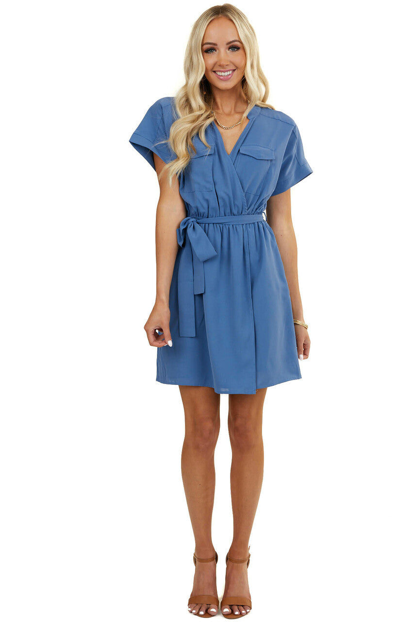 Dusty Blue Surplice Dress with Waist Tie and Pockets