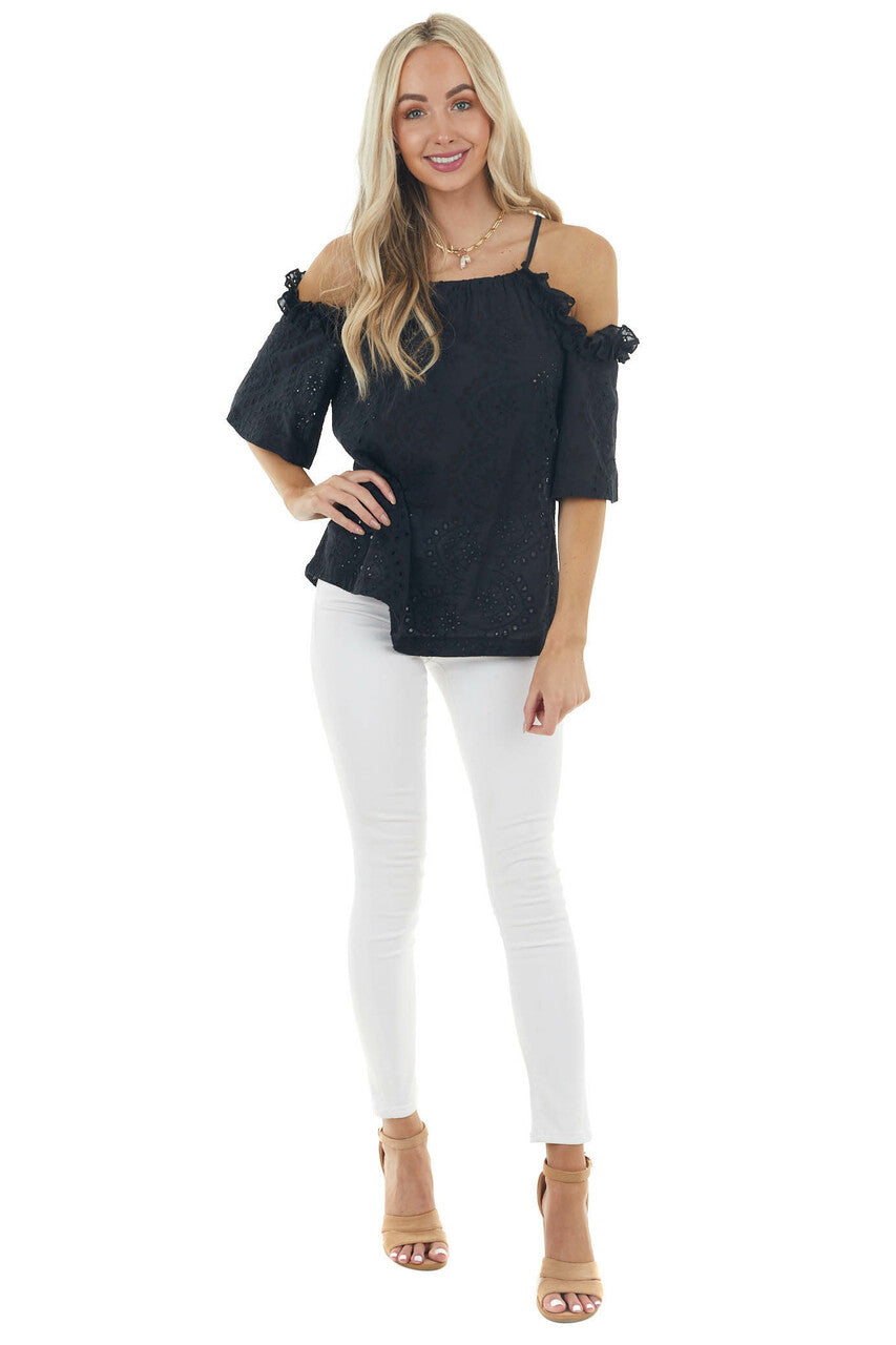 Black Eyelet Lace Cold Shoulder Halter Neckline Blouse 