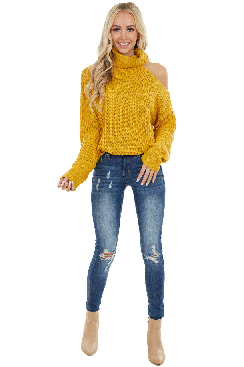 Mustard Long Sleeve Knit Sweater with Cold Shoulder