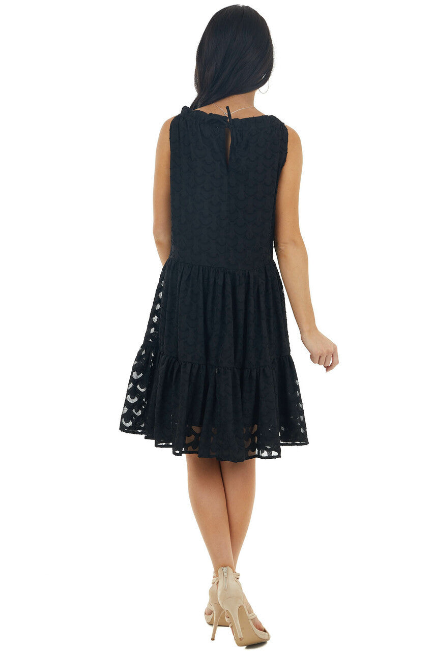 Black Jacquard Textured Tiered Dress with Halter Neckline 