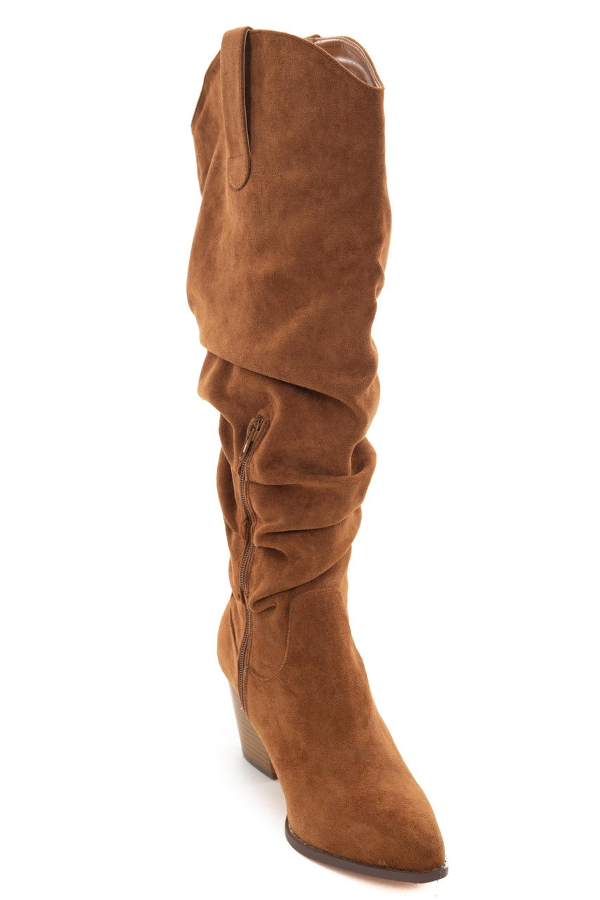 Cognac Pointed Toe Knee High Slouch Boots