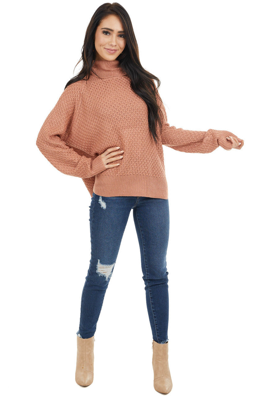 Terracotta Waffle Knit Turtleneck Sweater with Long Sleeves