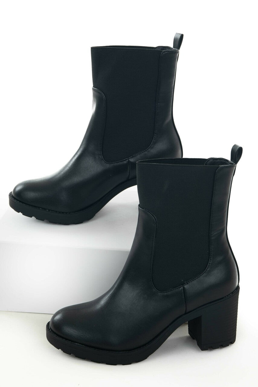 Black Faux Leather Elastic Panel Lug Booties