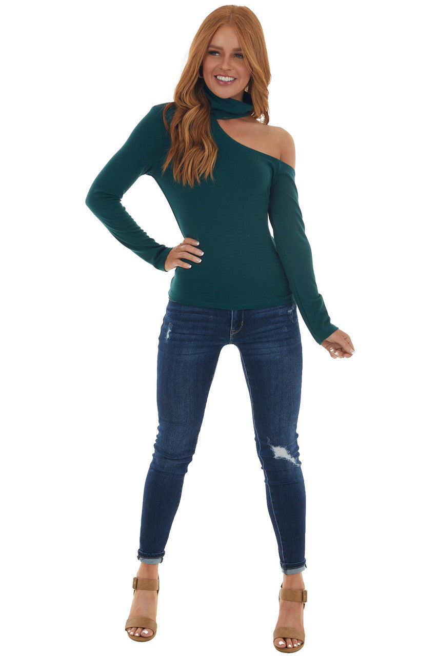Forest Green Mock Neck Cold Shoulder Top