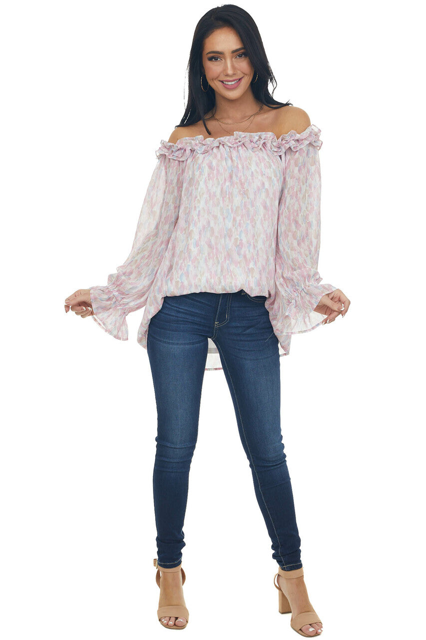 Carnation Watercolor Ruffle Off Shoulder Top