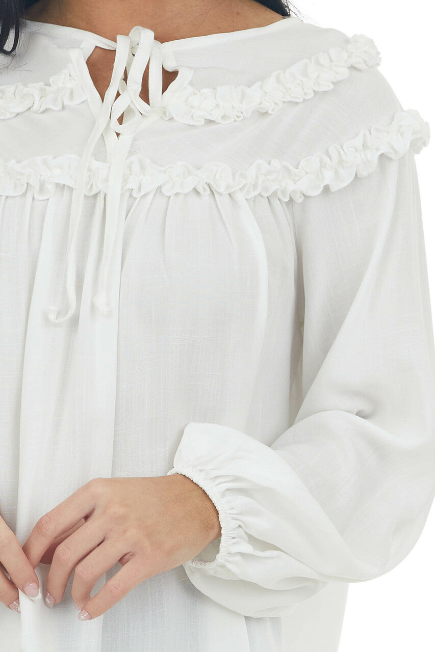 Off White Notch Neck Tie Tiered Frill Blouse