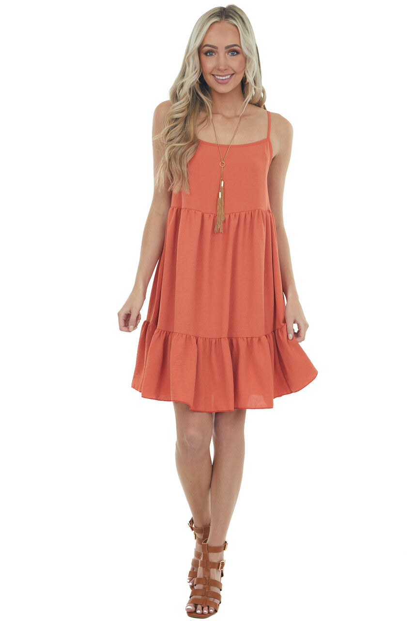 Rust Sleeveless Short Tiered Woven Dress