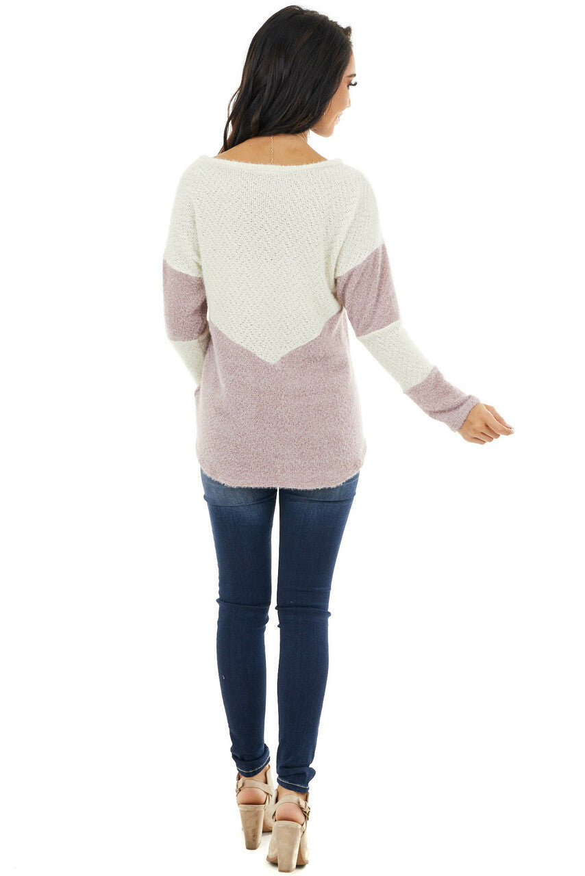Mauve and Cream Colorblock Sweater with Loose Knit Detail 