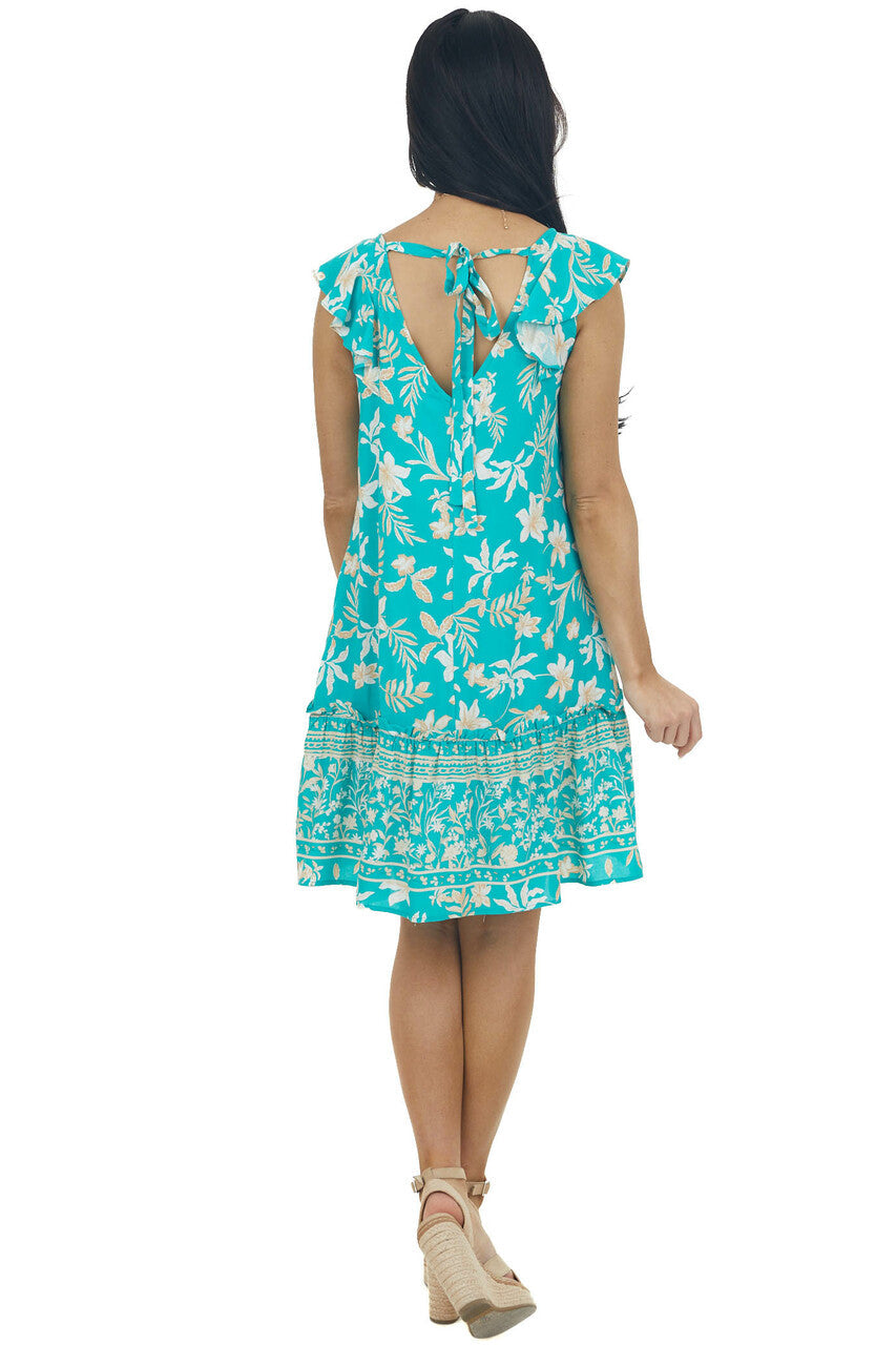 Jungle Green Floral Cap Sleeve Short Dress
