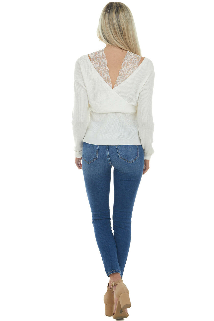 Ivory Lace Strap Ribbed Knit Light Sweater