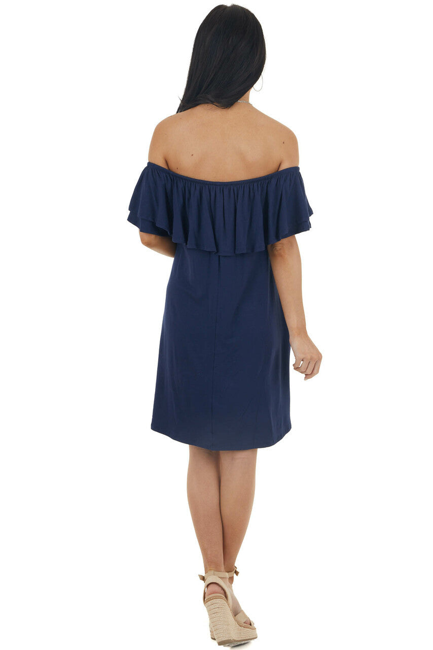 Navy Off the Shoulder Mini Dress with Ruffle Overlay