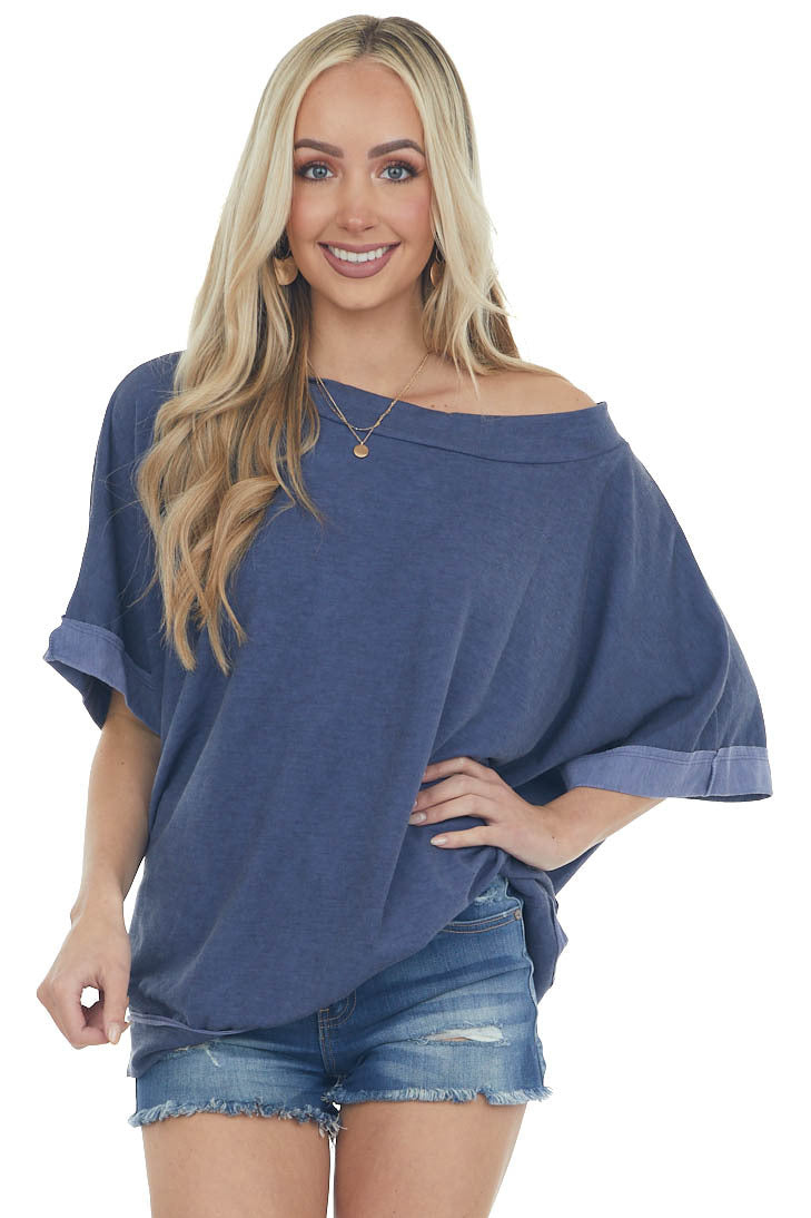Navy Oversized Raw Seam Short Sleeve Top