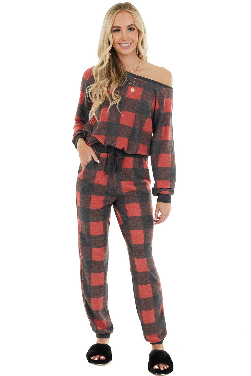 Candy Apple Red Buffalo Plaid Long Sleeve Top and Jogger Set