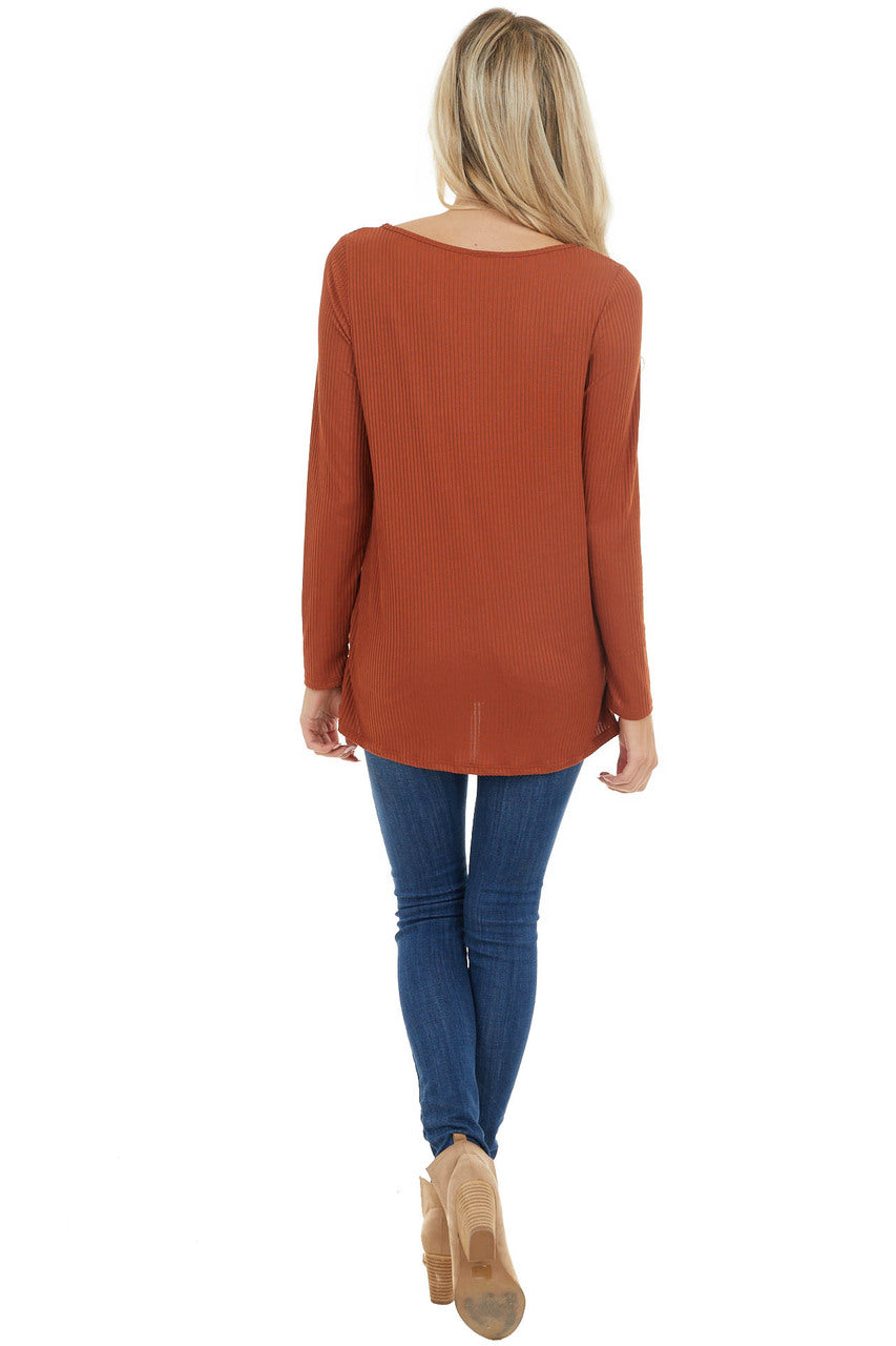 Terracotta Soft Ribbed Long Sleeve Top with Neckline Cutout