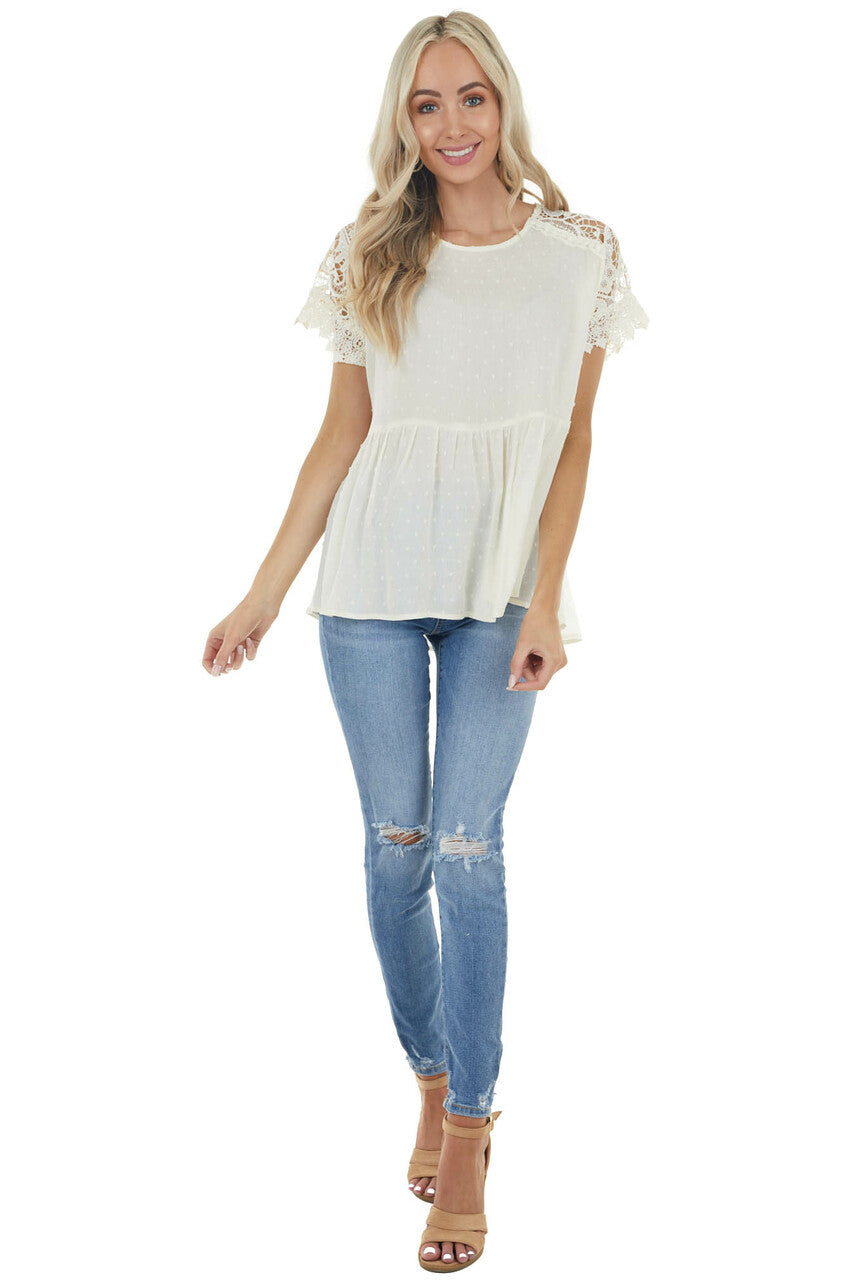 Cream Swiss Dot Woven Top with Lace Short Sleeves