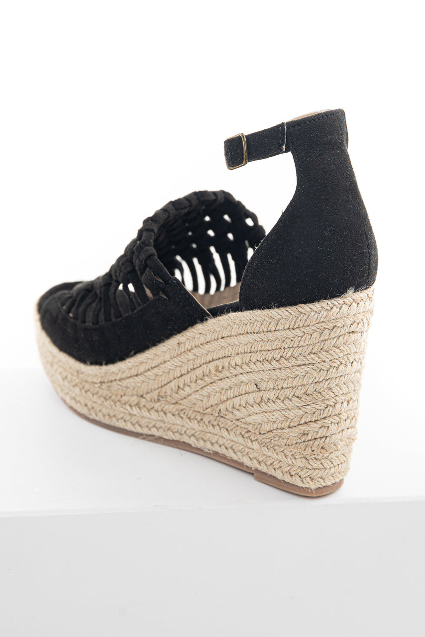 Black Basket Woven Espadrille Wedge with Ankle Strap