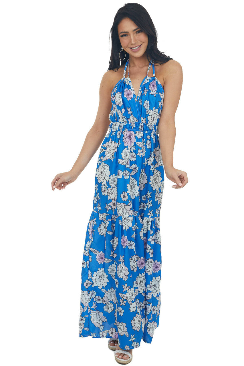 Cobalt Blue Floral Print Maxi Dress