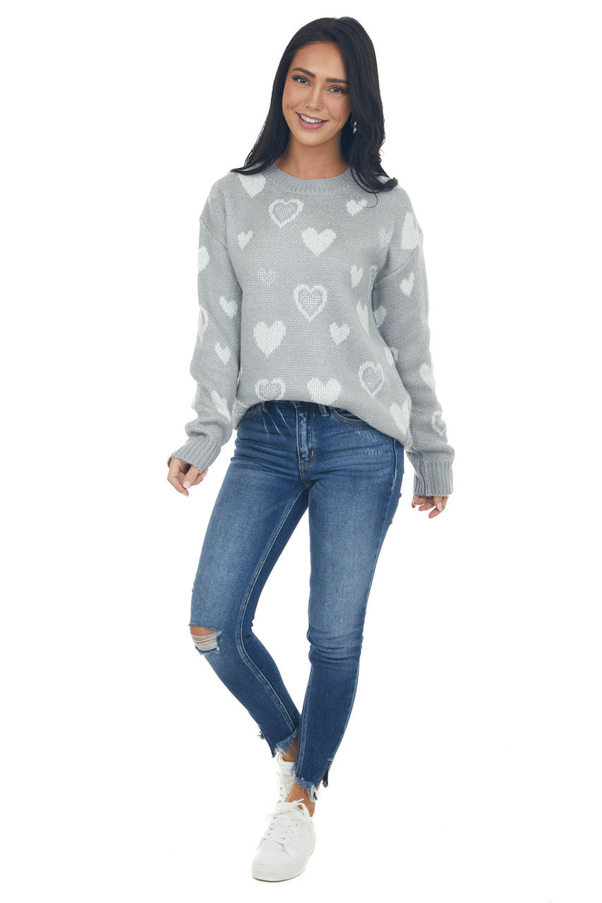 Dove Grey Heart Print Metallic Knit Sweater