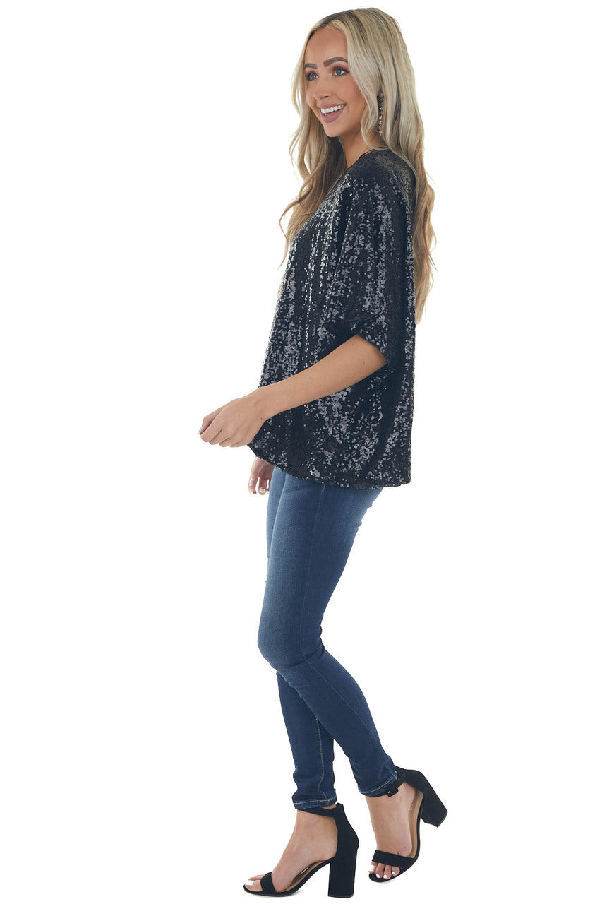Black Sequined One Shoulder Flowy Blouse 