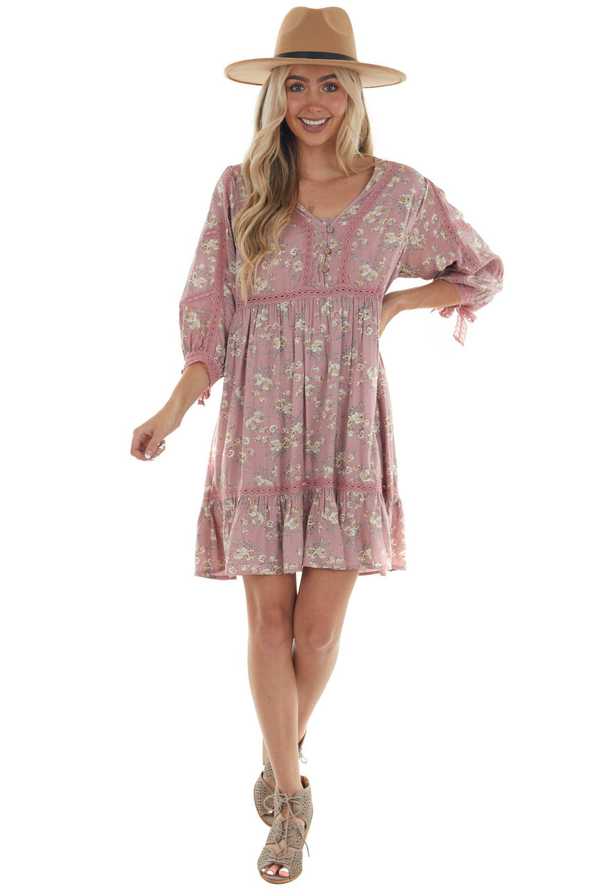 Dusty Rose Floral Print Babydoll Short Dress