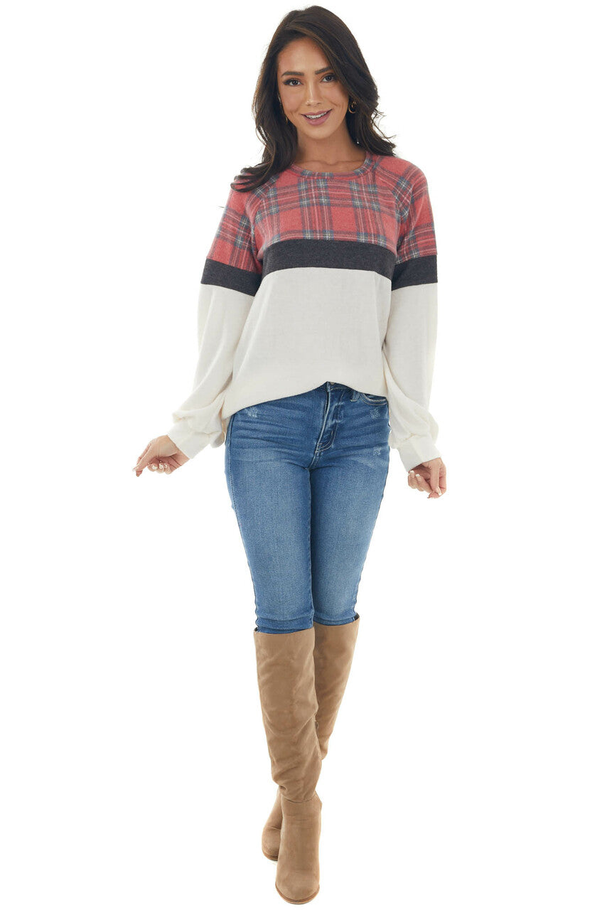 Crimson Plaid Colorblock Brushed Knit Top