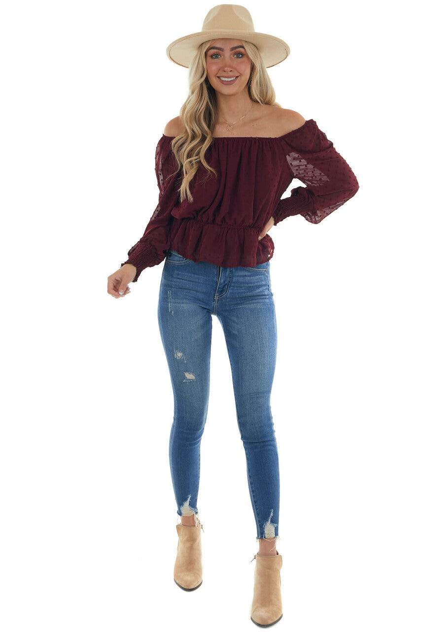 Mahogany Long Sleeve Peplum Swiss Dot Blouse