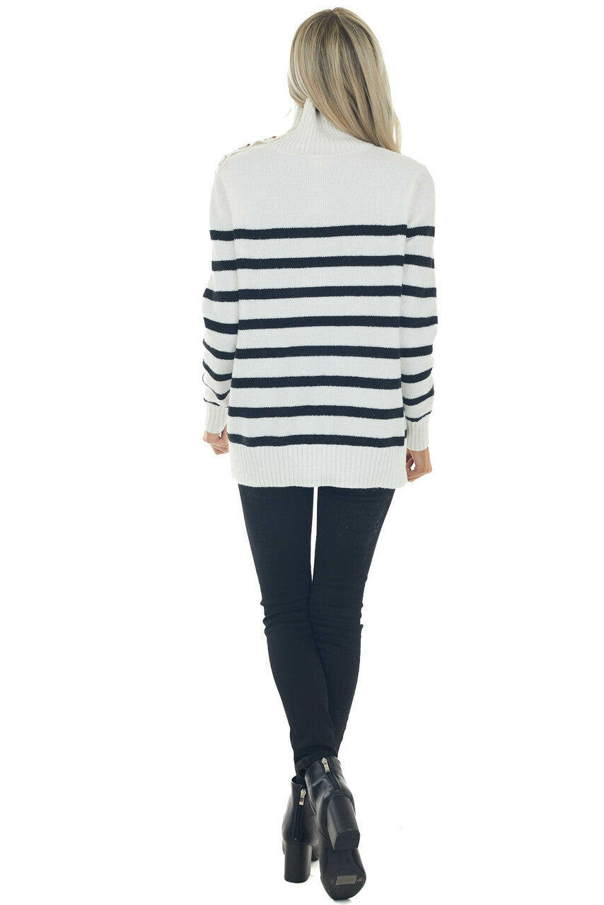 Off White Striped Side Button Up Neck Sweater