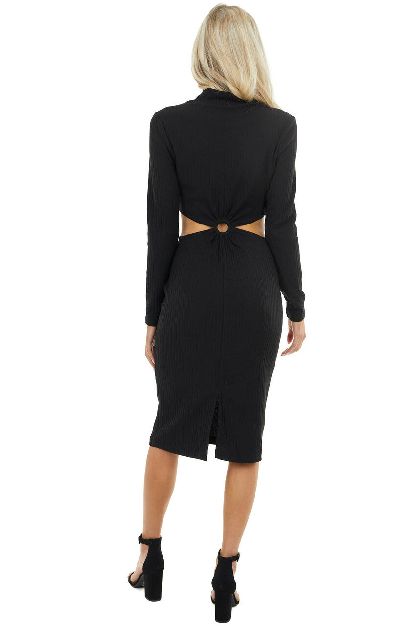 Black Bodycon Ribbed Knit Dress with Waist Cutout Detail 