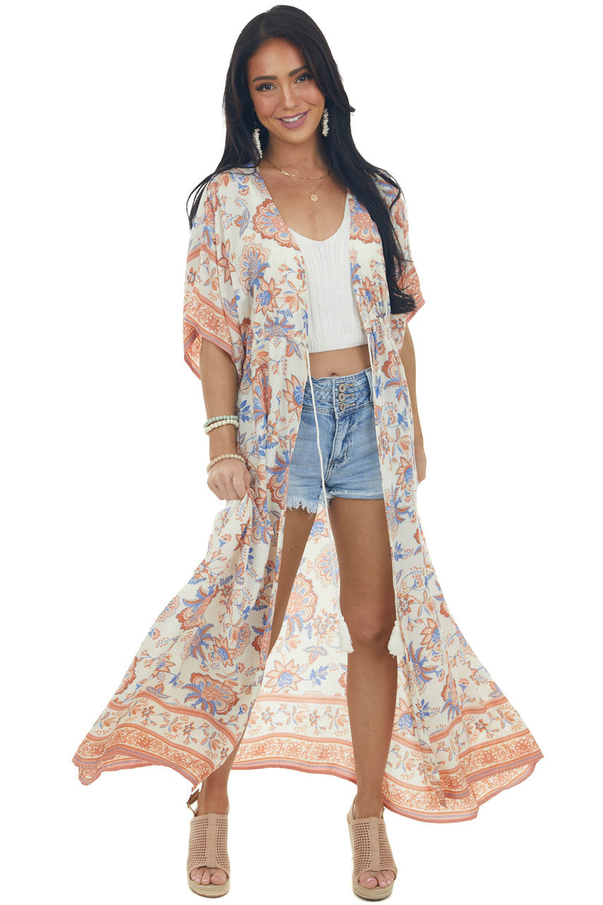 Cream Floral Print Tie Waist Duster Kimono 