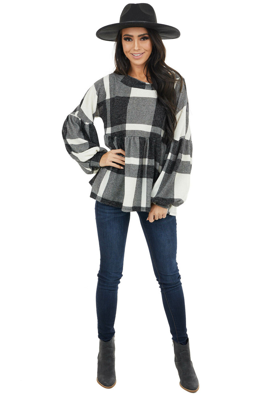 Ivory Fuzzy Buffalo Plaid Babydoll Top with Balloon Sleeves 