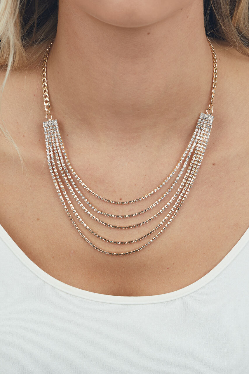Gold Five Layer Cubed Rhinestone Necklace