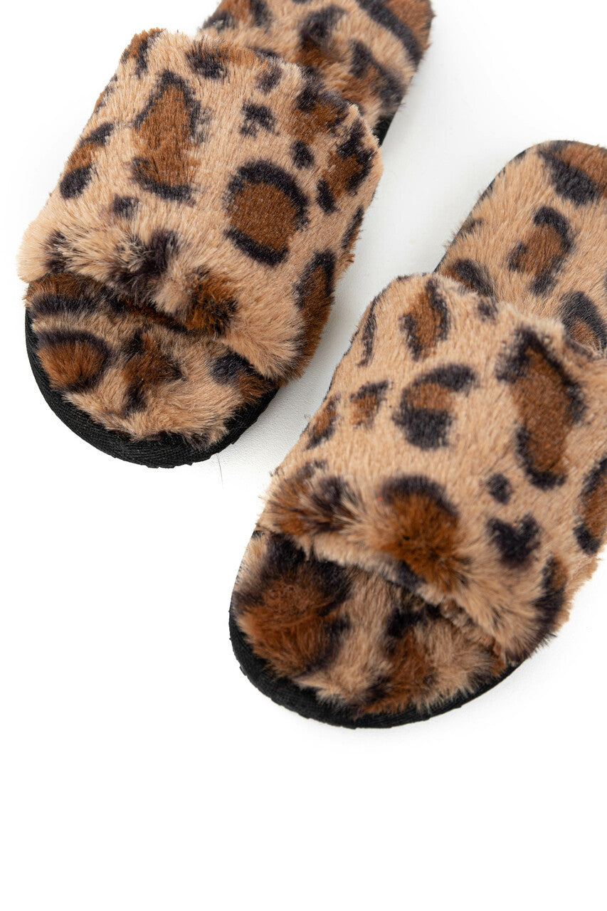 Leopard Print Fuzzy Faux Fur Slipper with Foam Sole 