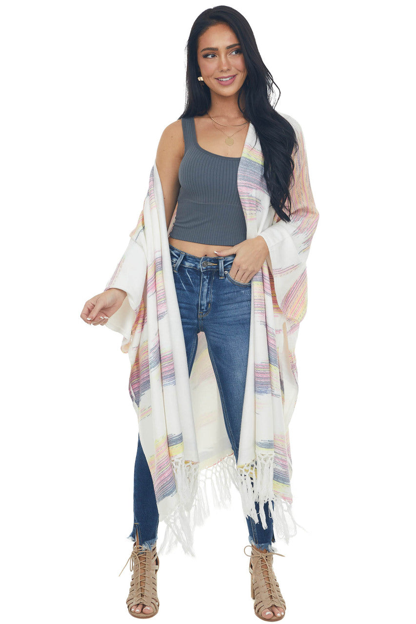 Eggshell Multicolor Fringed Poncho Cardigan 
