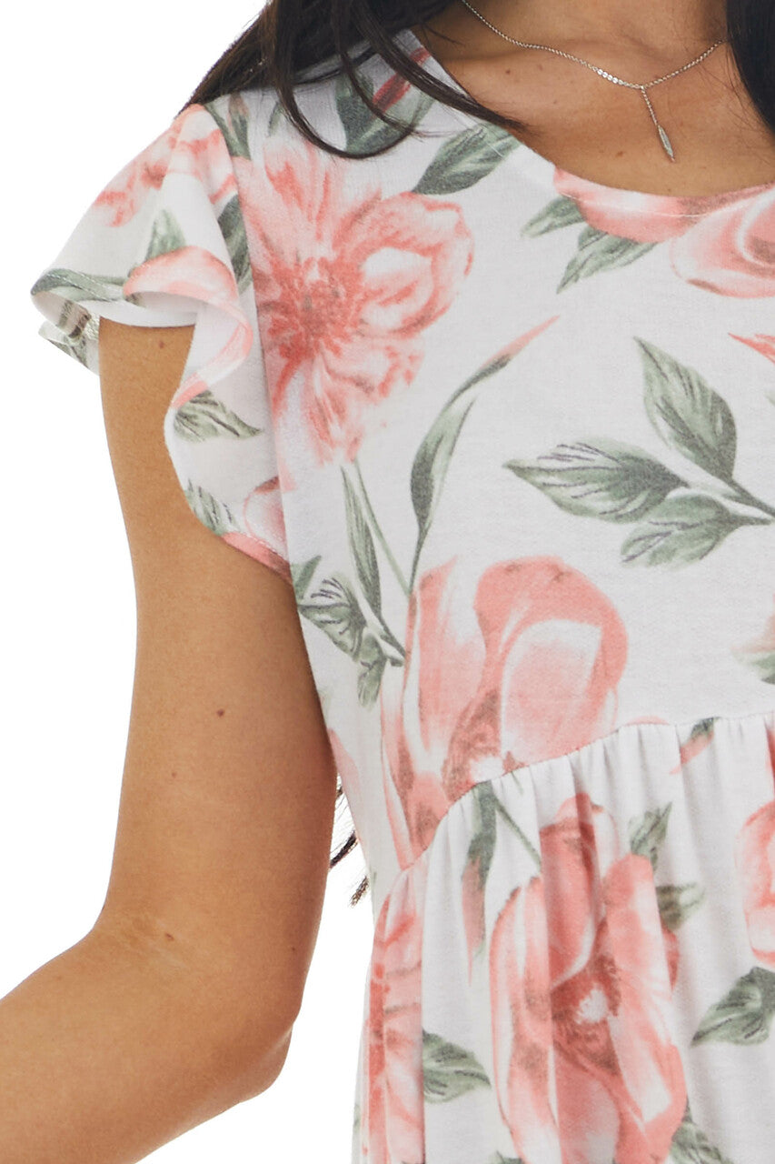 Off White and Punch Floral Print Tiered Ruffle Sleeve Dress