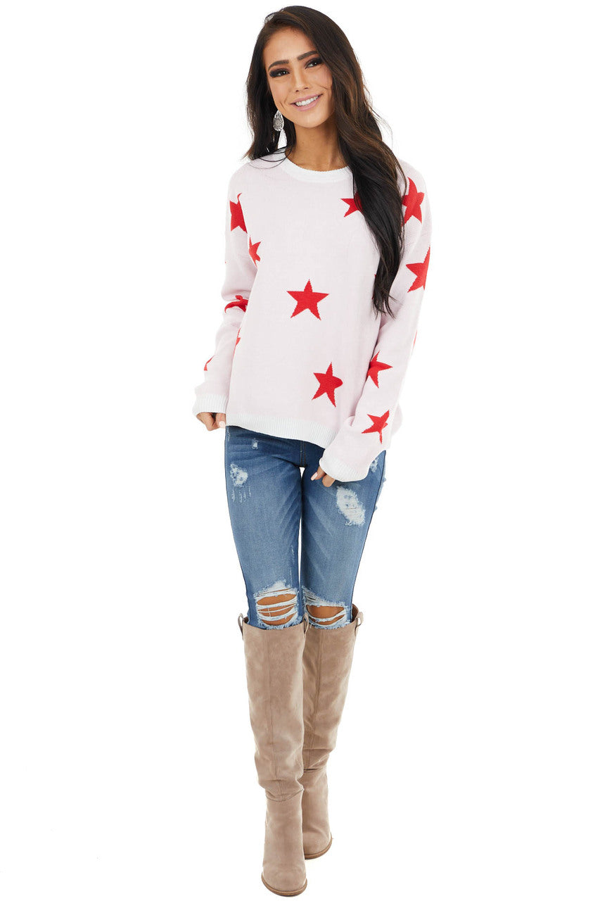 Ivory and Cranberry Star Print Stretchy Knit Long Sleeve Top
