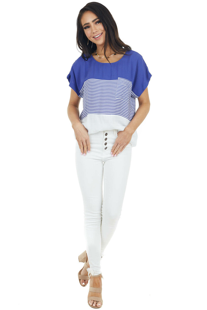 Royal Blue and White Colorblock Striped Short Sleeve Top